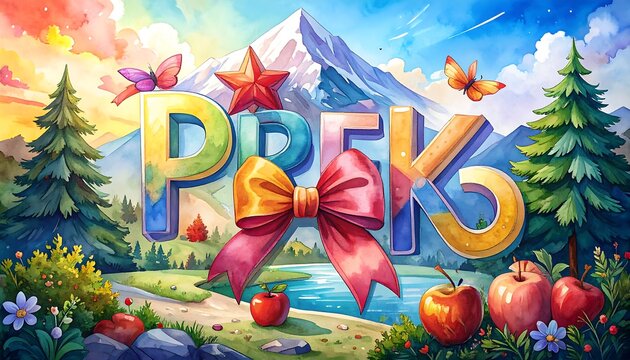 Vibrant landscape scene with the word "PREK" in bold, colorful letters, nestled in a picturesque nature setting
