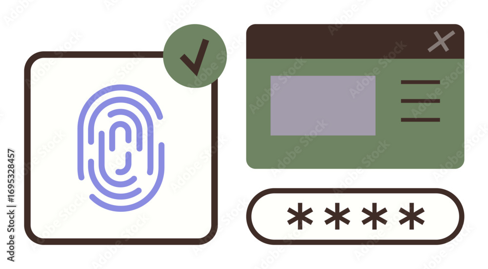 Poster fingerprint scanner with checkmark, password box, and login window, emphasizing secure authenticatio