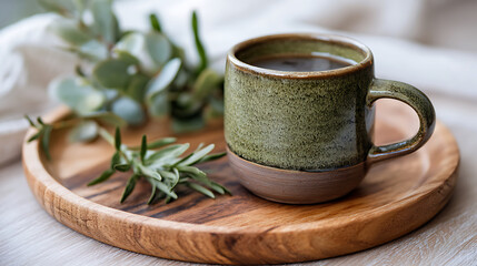 Warm Cup of Herbal Tea on a Wooden Tray With Fresh Herbs in a Cozy Setting