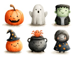 Watercolor illustrations of cute halloween characters like pumpkin, ghost, frankenstein and witch pumpkin.