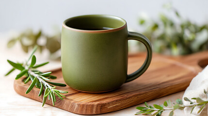 Green Ceramic Mug Filled With Dark Beverage Sits on Wooden Tray With Fresh Herbs in a Cozy Indoor Setting