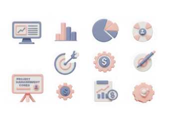 Modern 3d icons for business analytics and project management, isolated on transparent background