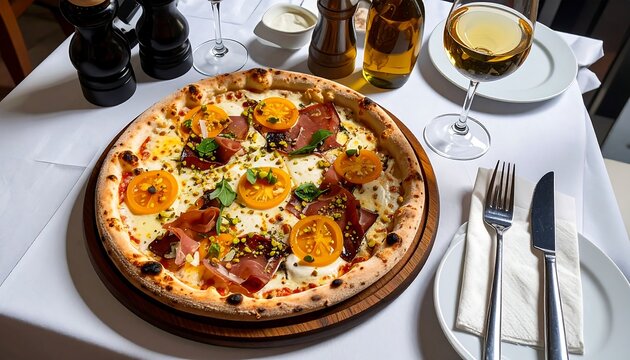 Gourmet pizza on wooden board