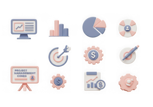 Modern 3d icons for business analytics and project management, isolated on transparent background