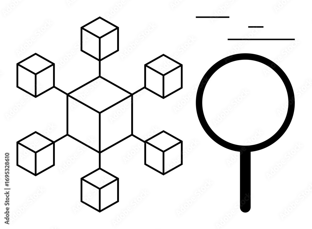 Aufkleber geometric blockchain network connected by cubes alongside a magnifying glass for data analysis and e