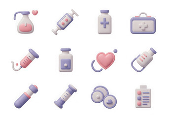 Set of 3d medical icons and symbols, including heart, syringe, pills, and medical equipment, isolated on transparent background