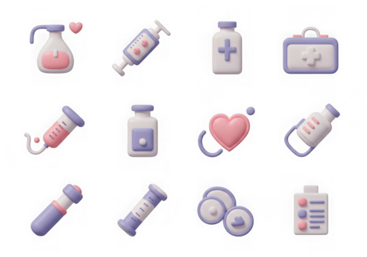 Set of 3d medical icons and symbols, including heart, syringe, pills, and medical equipment, isolated on transparent background