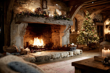 fireplace with christmas tree and christmas decoratins