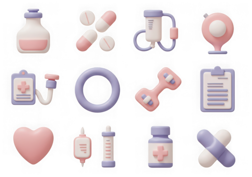 Assortment of 3d medical icons and symbols, including heart, syringe, pills, and medical equipment, isolated on transparent background