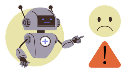 Robot with medical cross raising awareness warning sign and sad face emphasize potential risk. Ideal for healthcare, technology, AI ethics, caution, safety, awareness, alert messaging. Simple flat