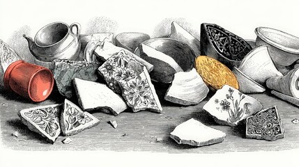 Black and White Image of Broken Ceramic Plates and Cups with Various Patterns Scattered on a Wooden Surface