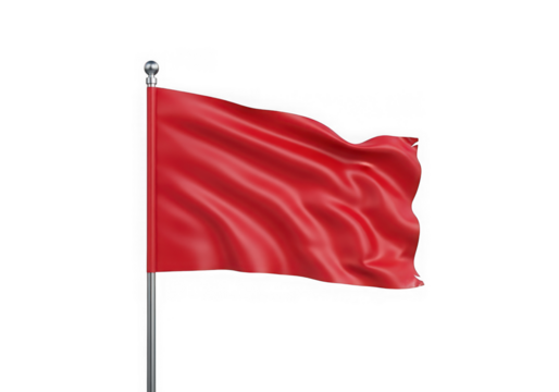 Waving red flag on a flagpole isolated on transparent background