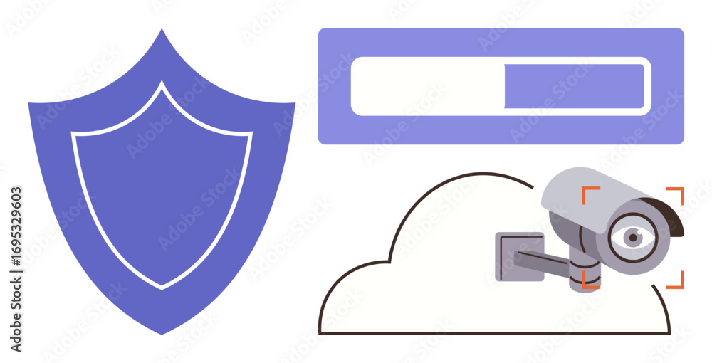 Poster shield for protection, loading bar for progress, and surveillance camera over cloud signify cybersec