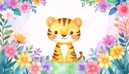 Cute watercolor tiger cub surrounded by vibrant flowers and lush greenery