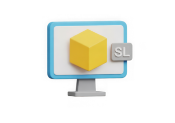 3d rendering of a yellow cube on a computer monitor with sl icon, isolated on transparent background