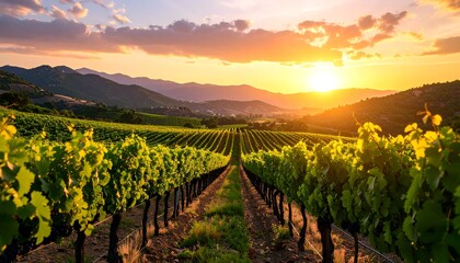 Naklejka premium Golden Sunset over Vineyard Rows in Napa Valley with California, and Wine Country.