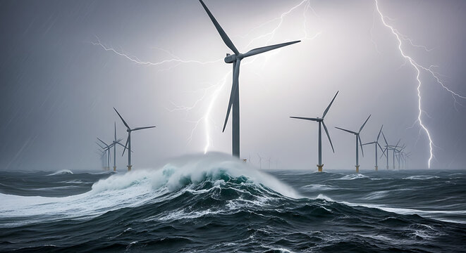 Wind turbines in a stormy sea under lightning. The dark and moody scene highlights the raw power of nature. The towering wind turbines stand firm against the storm. - Powered by Adobe