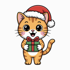 Cute Christmas Cat with Santa Hat and Gift Box Illustration