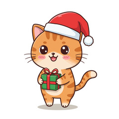 Cute Christmas Cat with Santa Hat and Gift Box Illustration