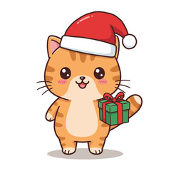 Cute Christmas Cat with Santa Hat and Gift Box Illustration