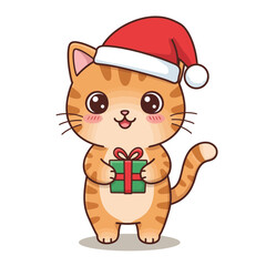 Cute Christmas Cat with Santa Hat and Gift Box Illustration