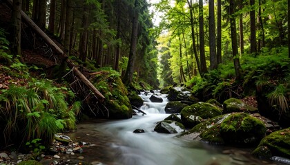 Forest stream flowing through mossy rocks