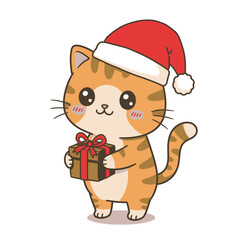 Cute Christmas Cat with Santa Hat and Gift Box Illustration