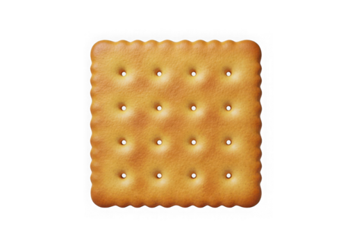 A single square cracker with a scalloped edge, isolated on transparent background