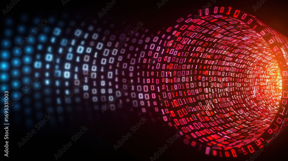 Poster abstract digital background with flowing binary code in red, blue, and black colors for technology, 
