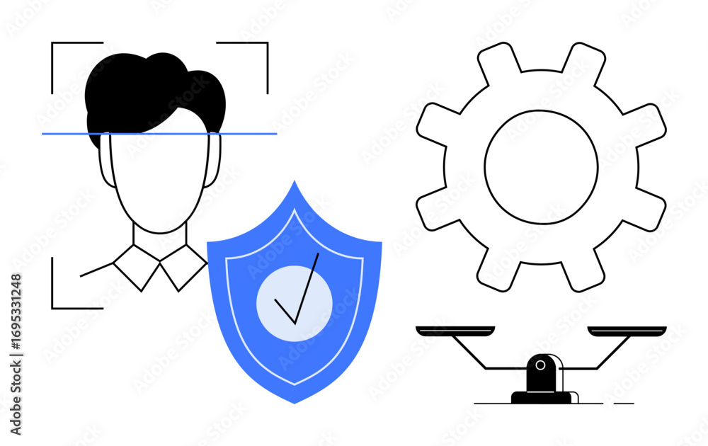 Aufkleber face scanning with shield checkmark for security, gear for system settings, and balance scale for fa