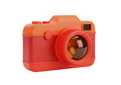 A stylized, retrostyle camera with orange and red colors, isolated on transparent background