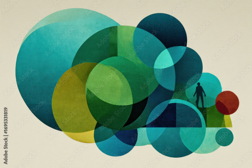 Aufkleber abstract composition of overlapping colorful circles and a small human silhouette, creating a visual