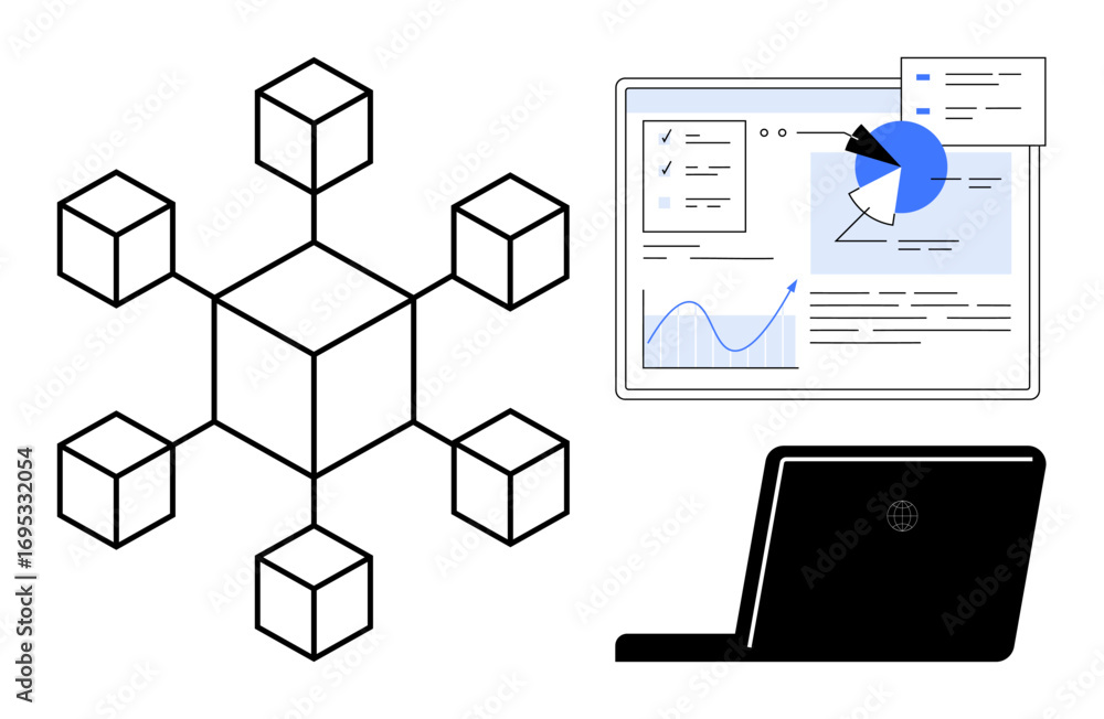 Aufkleber connected cubes representing blockchain, data dashboard with graphs and charts, and laptop. ideal fo