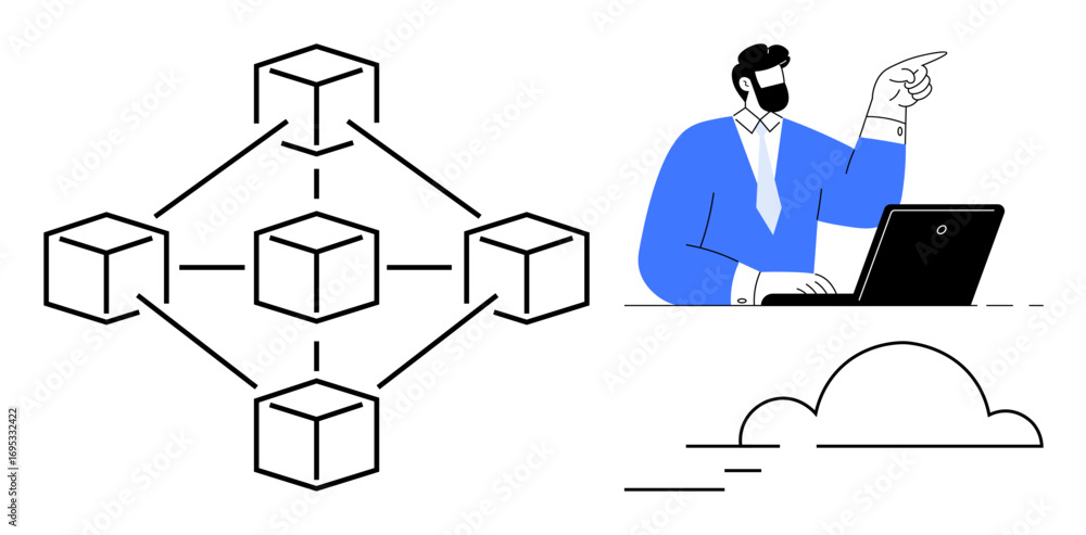 Aufkleber man seated at laptop pointing toward a decentralized blockchain network diagram and cloud. ideal for