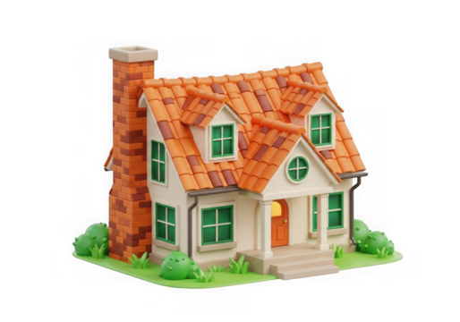 Stylized cartoon house with orange tiled roof and brick chimney, isolated on transparent background