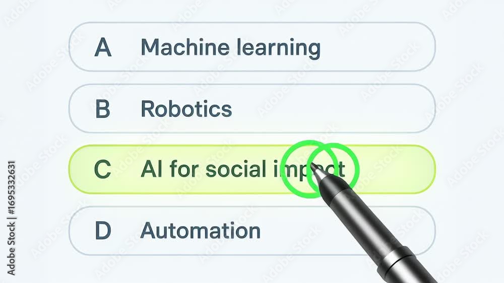 Poster ai for social impact highlighted with pen on digital screen featuring machine learning robotics auto
