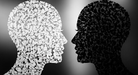 Two human profiles facing each other formed by a multitude of tiny human figures in black and white