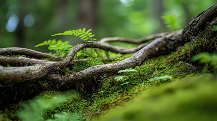 Obraz premium Lush Green Forest Floor with Twisted Roots, Ferns, and Vibrant Moss Capturing the Serenity of Nature and Its Rich Ecosystem in Summer