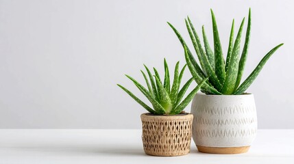 Two aloe vera plants in decorative pots on a white surface against a white background.