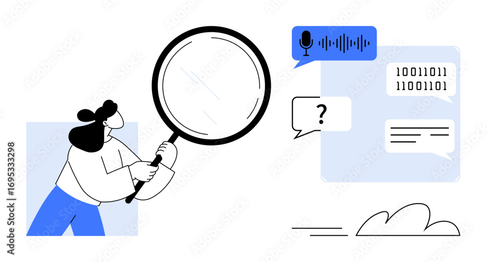 Poster female figure holding magnifying glass examining speech bubbles with audio waveforms, binary code, a