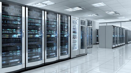 Server racks in modern server room data center - 3d illustration.