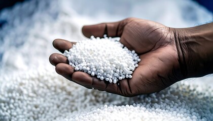 A hand holds a pile of white polymer pellets