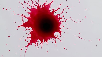 Crimson blood splatter with a dark center against a stark white background.