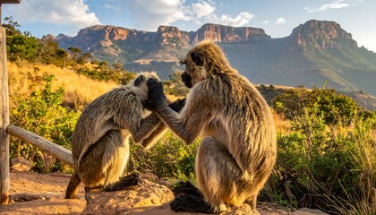 Two monkeys interacting in a mountain landscape
