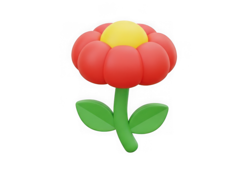 A stylized red flower with a yellow center and green stem, isolated on transparent background