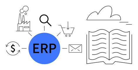 Central ERP system linking factory, financial processes, search, cart, email, book, and cloud. Ideal for business integration, resource management finance optimization data processing e-commerce