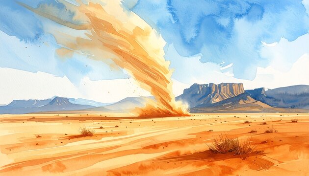 Hand-painted digital watercolor of desert dust devil spinning across horizon