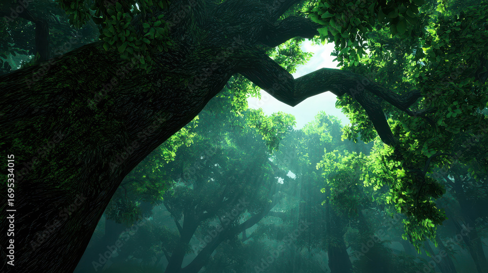 Poster lush green forest canopy with sunlight filtering through trees in a mysterious and serene natural en