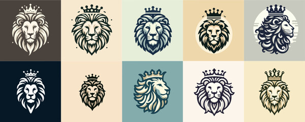 vector illustration set of lion wearing king crown