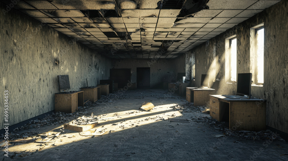 Poster abandoned office space with decaying walls and sunlight filtering through windows in a derelict envi